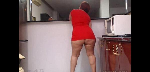  Red dress big ass on kitchen